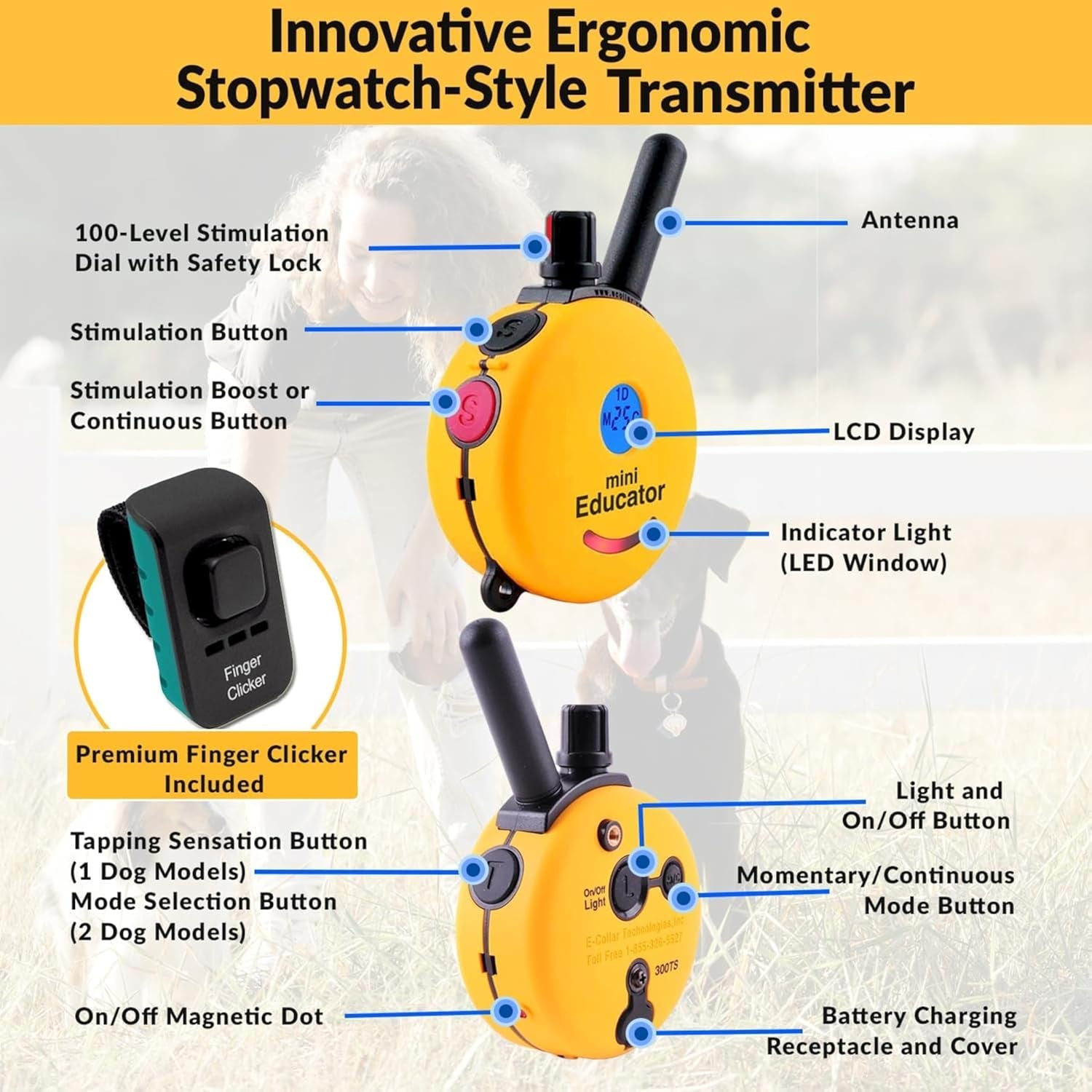 E-Collar ET-300 Mini  Remote Dog Training Collar – 1/2 Mile Waterproof, Premium Finger Clicker Trainer, 100 Stimulation Levels + Vibration + Light + Sound – 1 Dog Small to Medium, Yellow